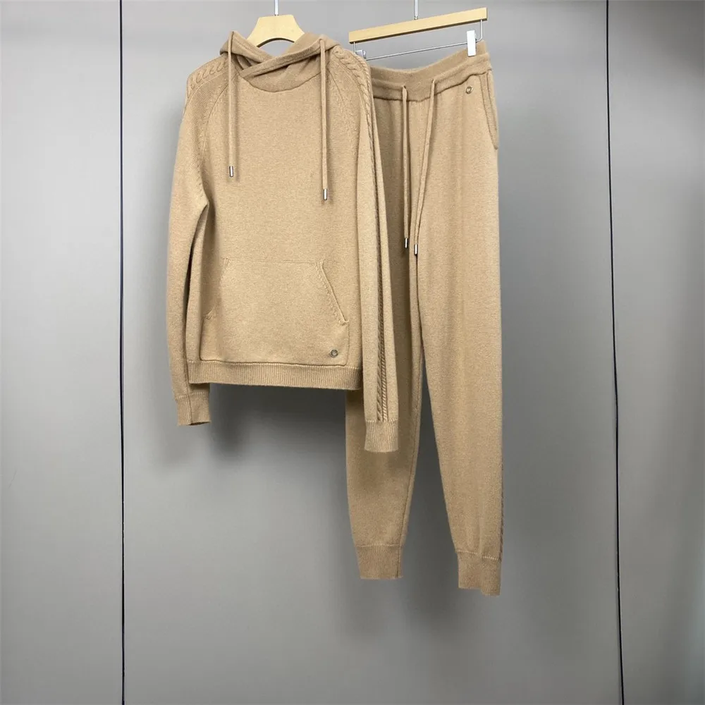 

Women's 25 Autumn/Winter New Hooded Knitted Cashmere Top+Elastic Waist Casual Pants Set