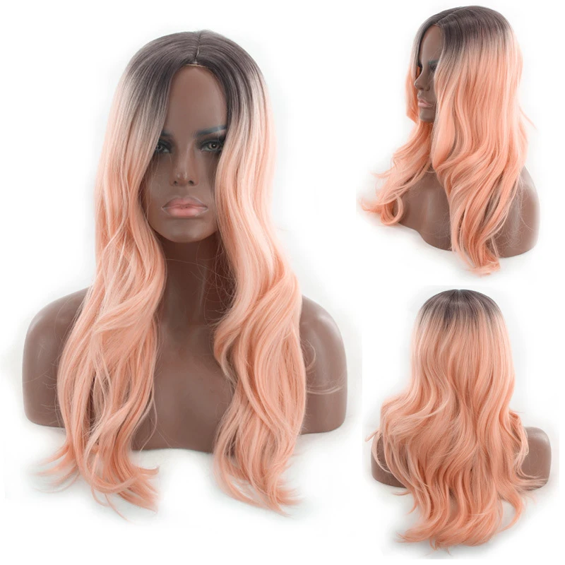 New style no-bangs for women, middle-parted long curly hair with lotus pink highlights, synthetic fiber full wig - view 2