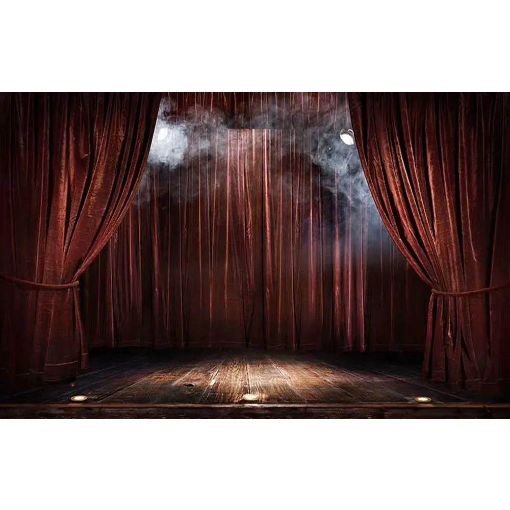 Cymbozin Wine Red Curtains Stage Photo Booth Background Printed Spotlight Mist Indoor Wedding Photography Backdrop Wooden Floor