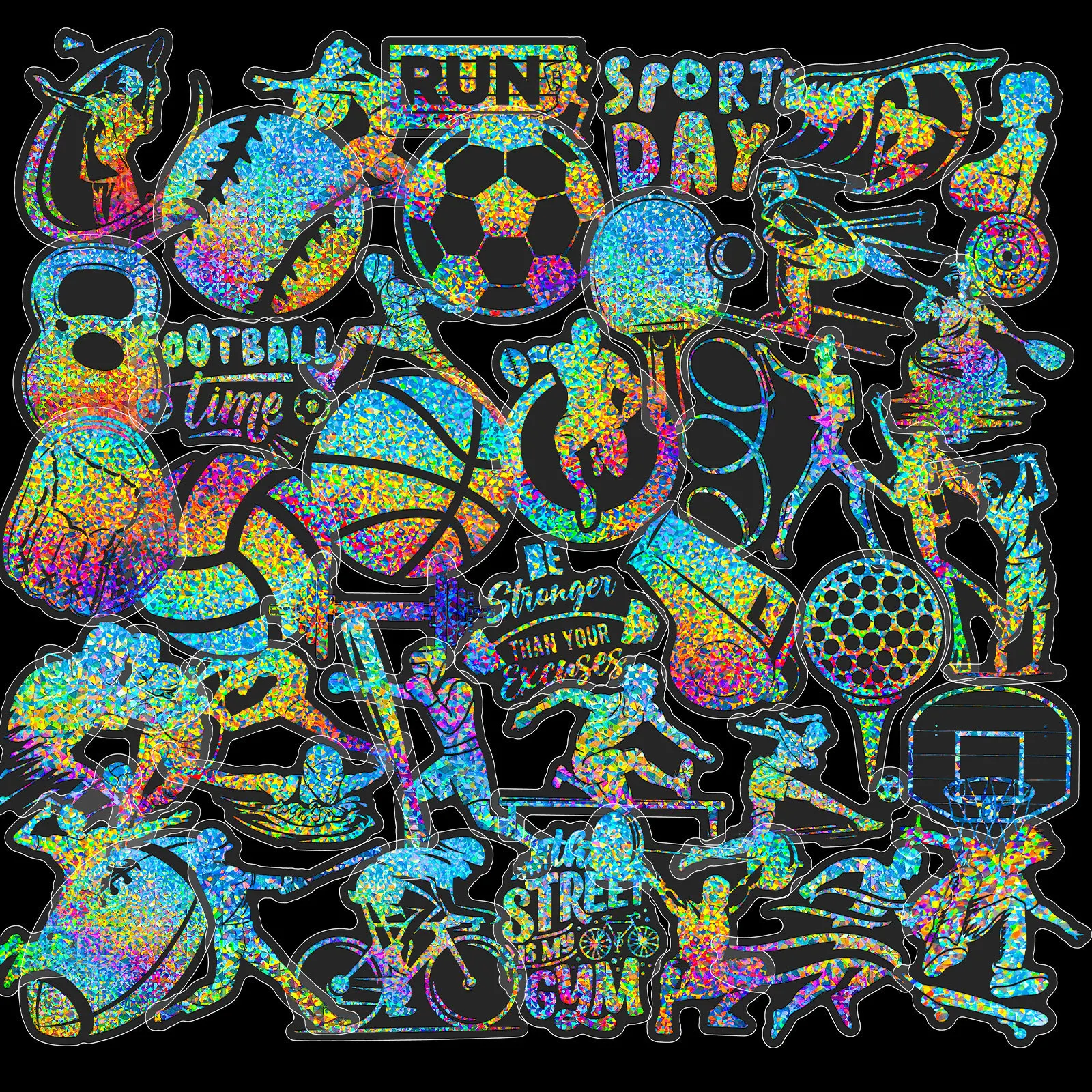 50 Pcs Silver Laser Sports Style PET Stickers Decorating Luggage Water Bottles Stickers