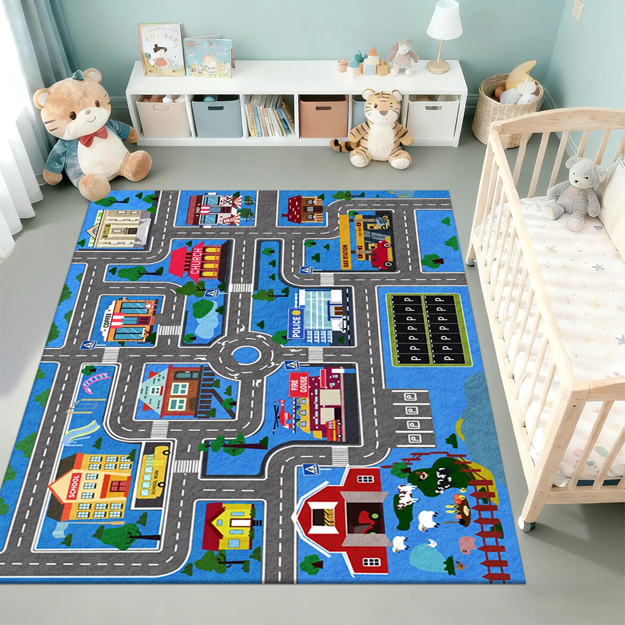 1pc 2D Flat Printed Kids City Road Play Rug, Nursery & Classroom Decor Mat, Suitable for Kids Bedroom, Playroom and Living Room