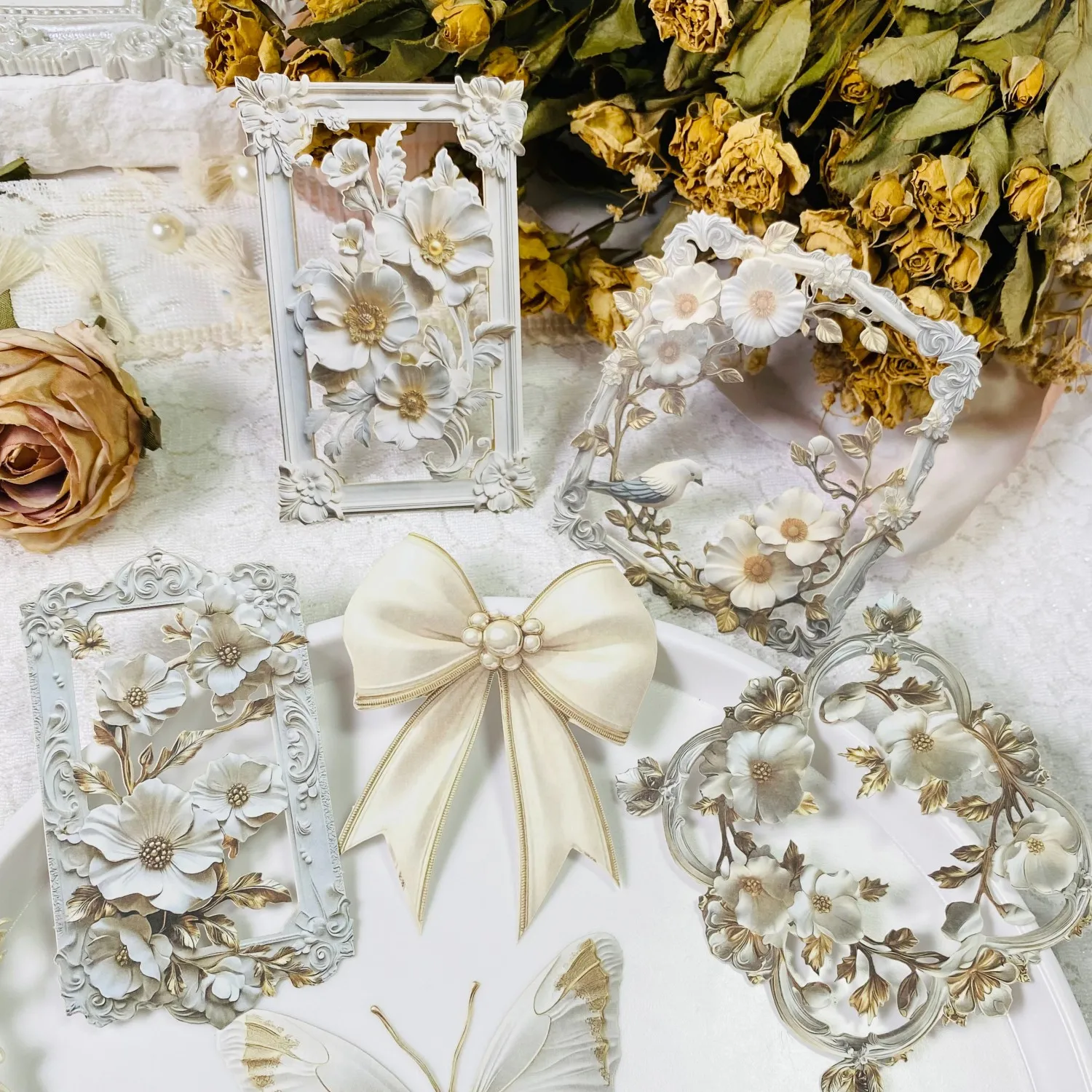 Journamm 10sheets Hollow Paper Decorative Material Vintage Set Scrapbook Stickers Hollow Flower Frame Collage Handbook Stickers