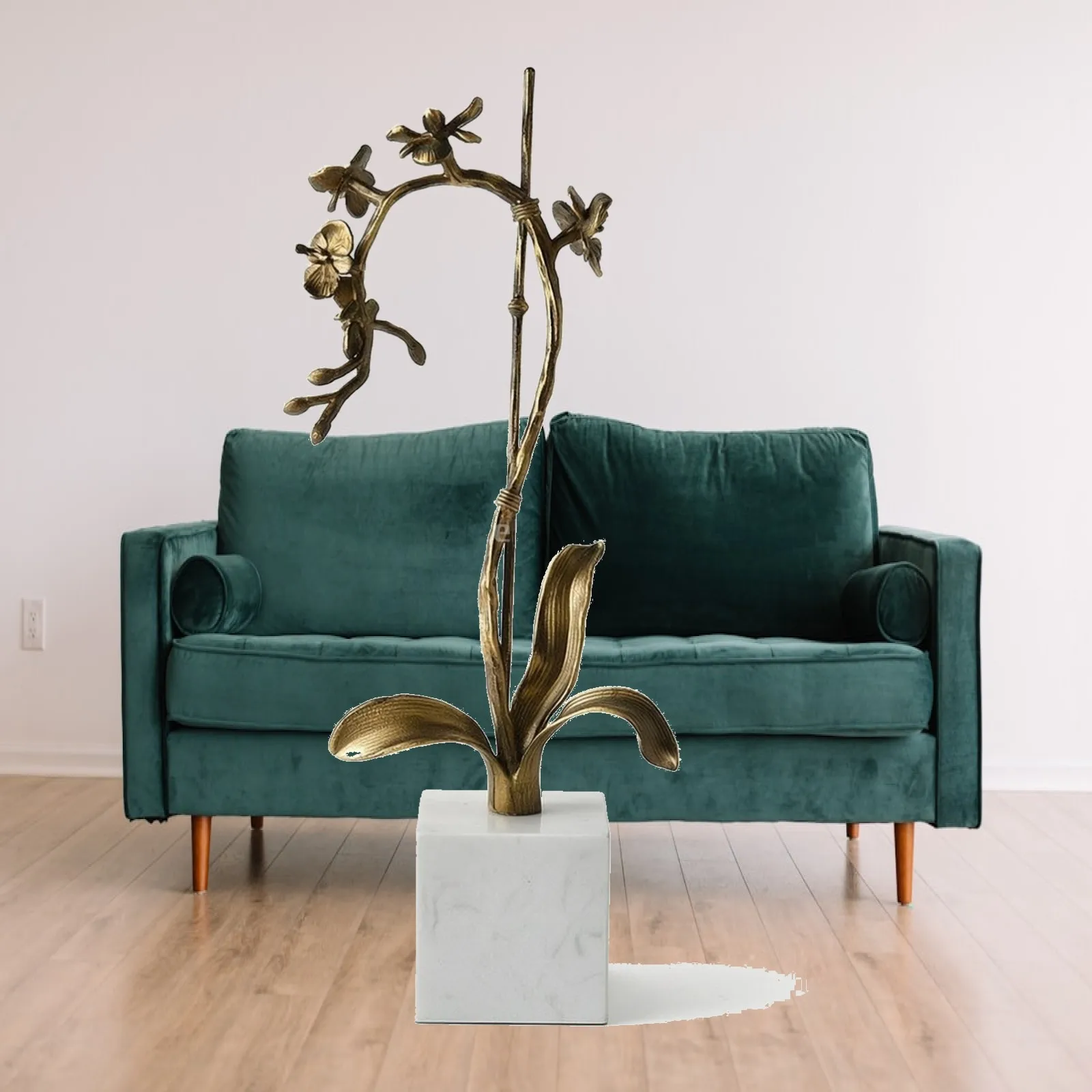 Flower Statue with Marble Base Golden-Hued Flower Figurine Metal for Hotel Lobby