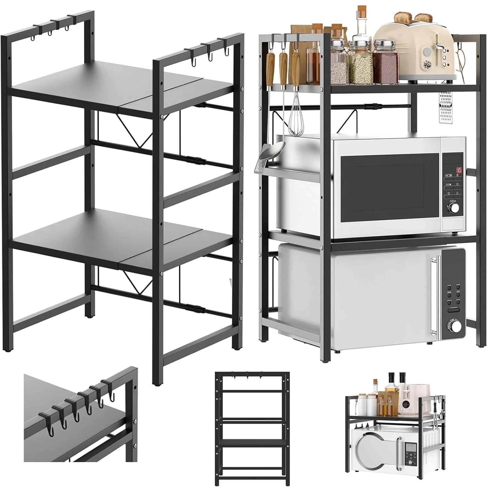 Zweistöckiges Küchenregal aus Kohlenstoffstahl Regal für Mikrowelle und Backofen Aufbewahrungsregal mit 6 Haken höhenverstellbar