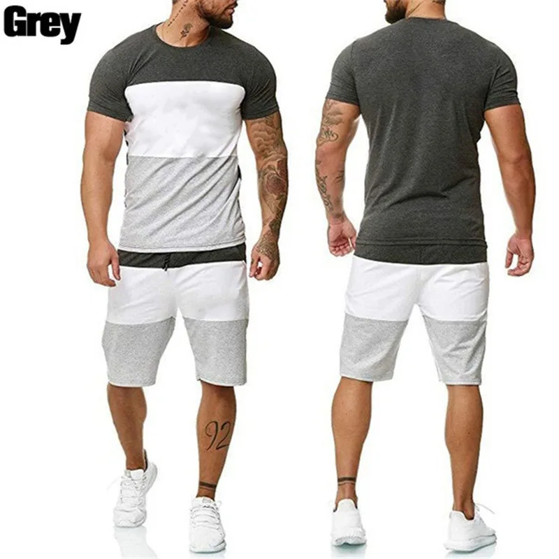 

2025 European and American Men's Summer Spliced Short Sleeved Casual Sports Round Neck Color Blocked T-shirt+shorts Set