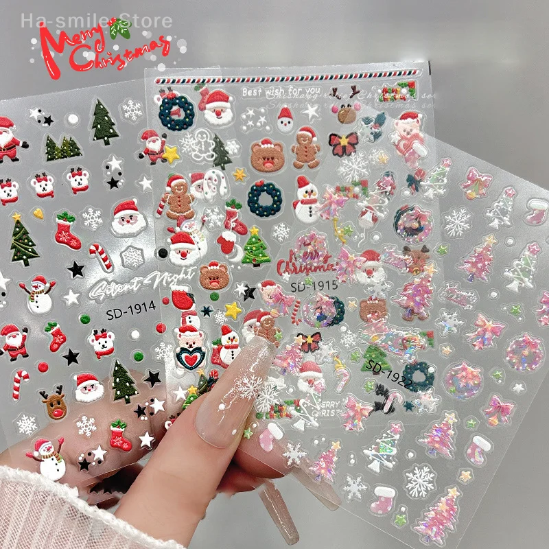Adesivos de unhas de natal 3d alívio inverno floco de neve urso adesivo de unhas para mulheres e meninas papai noel adesivo de unhas arte decorstion