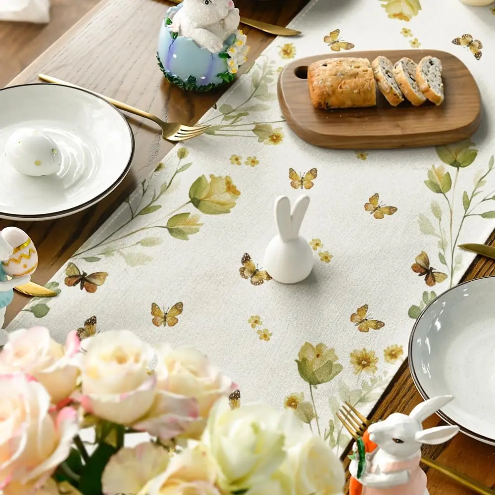 Easter Bunny Eggs Butterfly Floral Linen Table Runner Holiday Party Decor Spring Kitchen Dining Table Runner Easter Decorations