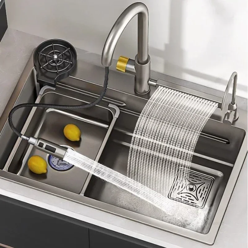#Nano Kitchen Sinks 304 Stainless Steel Large Single-slot Home Wash Basin Raindance Waterfall Digital Display Under-counter Basi
