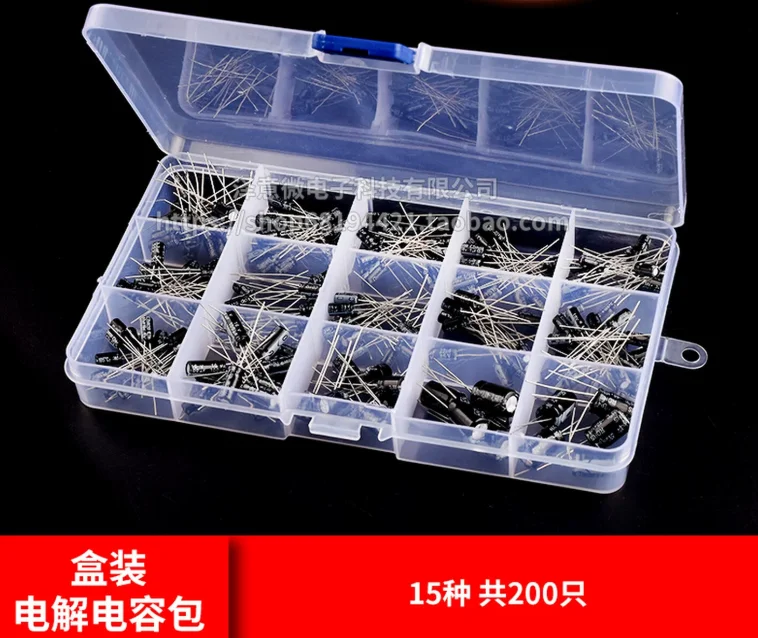 15Value Kit 50v 25v 16V 10V 0.1/0.22/0.47/1/2.2/3.3/4.7/10/22/33/47/100/220uf Assort Box 200PCS Aluminum Electrolytic Capacitor