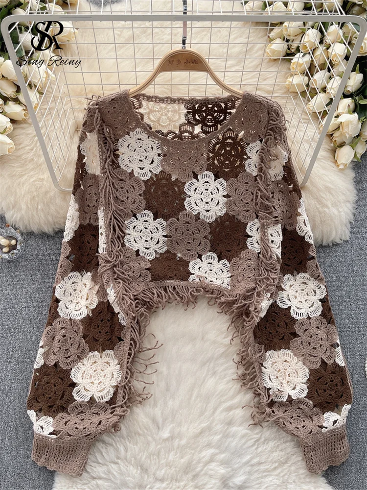 SINGREINY Tassels Knit Hollow Out Tops Hook Flower Long Sleeves Women Streetwear Fashion Chic Bohemian Y2k Vintage Loose Blouse