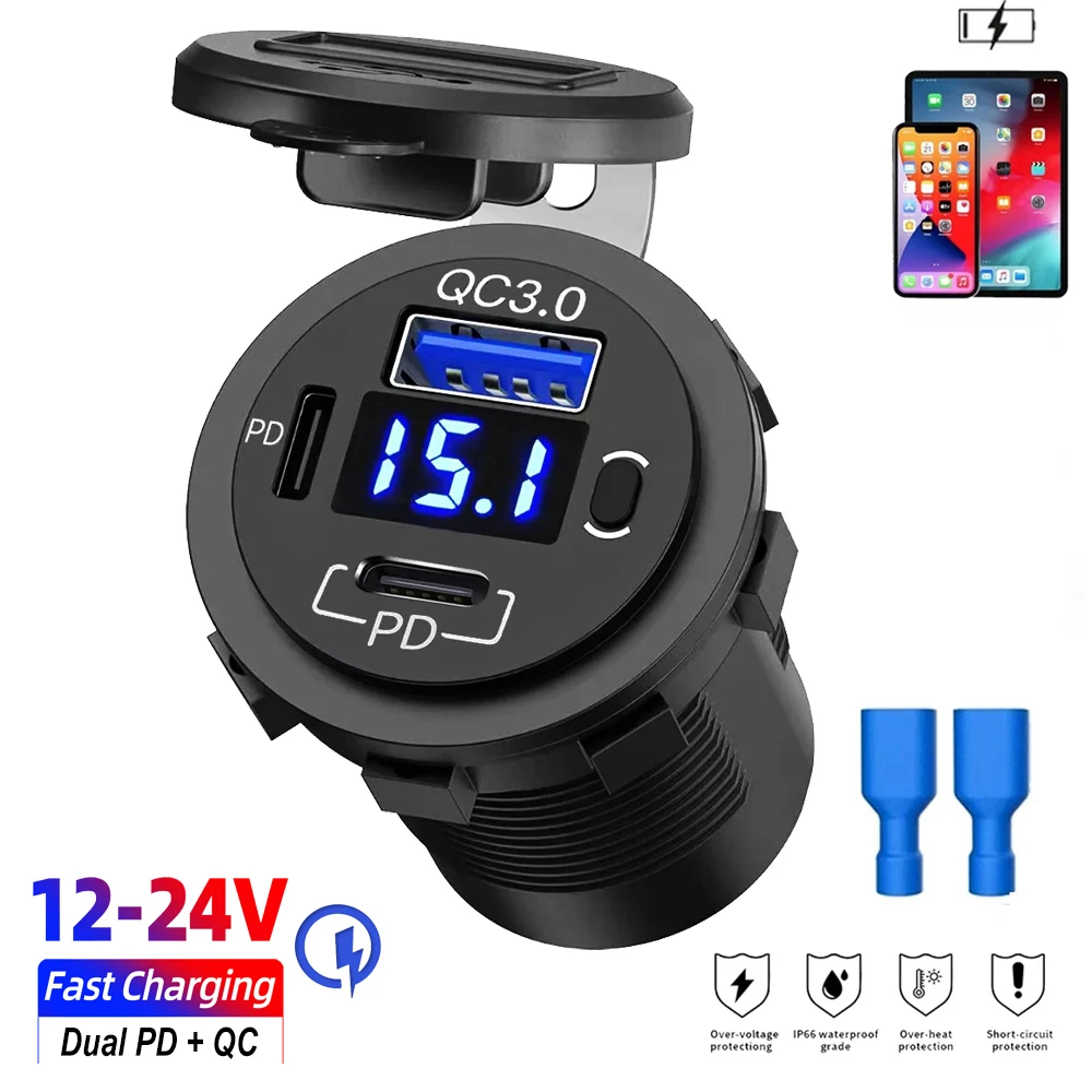 

12V USB Car Charger Power Socket Dual PD and QC 3.0 Port Fast Charging Car Charger Electronic Accessory for Car Motorcycle