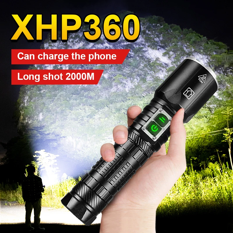 

NEW XHP360 LED Flashlight Rechargeable Lamp Most Powerful Long Range Flashlights Power Bank Fishing Torch Zoomable For Camping