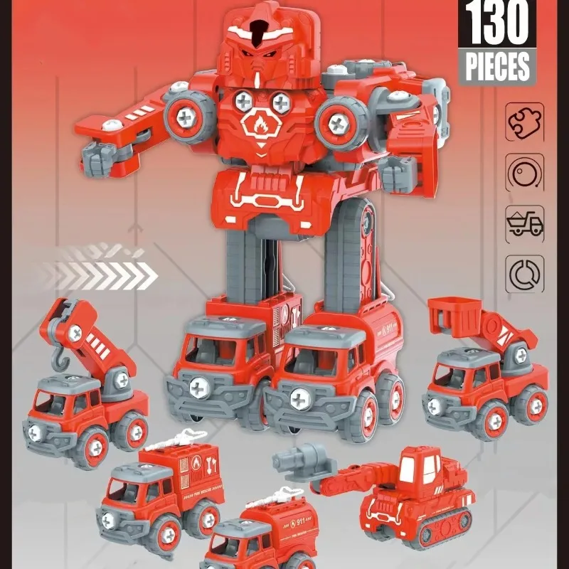 

DIY Children's Assembly and Disassembly Fire Engine Kids Screwing Nuts Engineering Vehicle Boy's Five in One Robot Fire Model