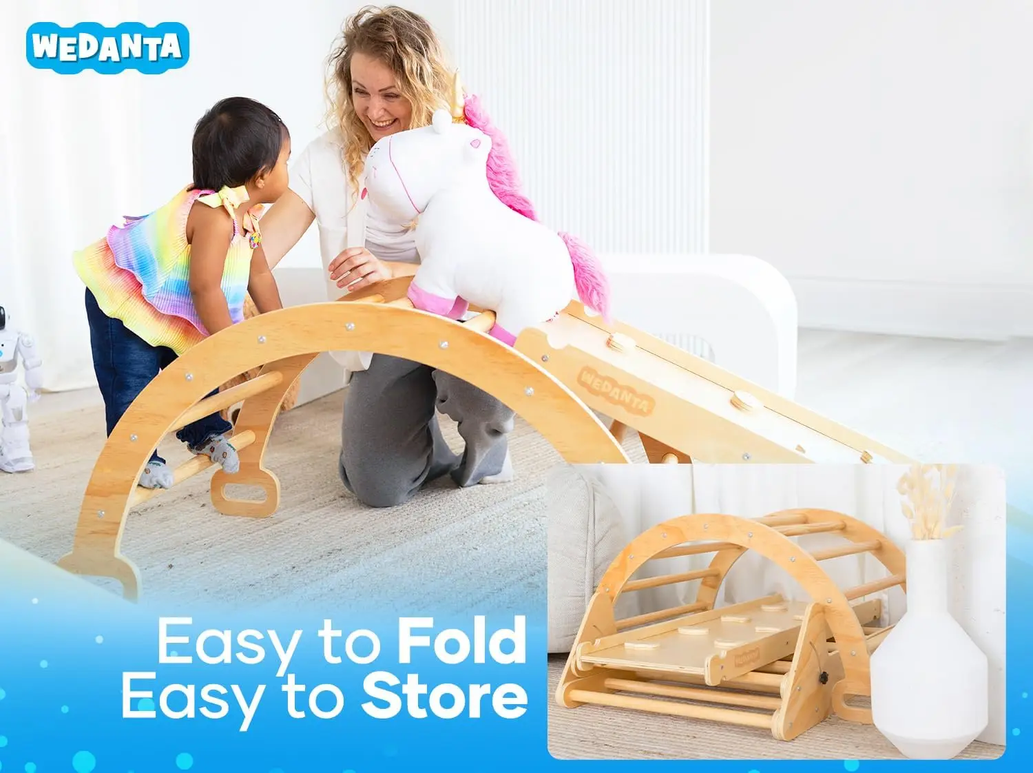 Foldable Climbing Toys Toddlers 4 in 1 - Pikler Triangle Climber Ramp Arch - Wooden Toddler Set 3 in 1 - Montessori Set - Pickle