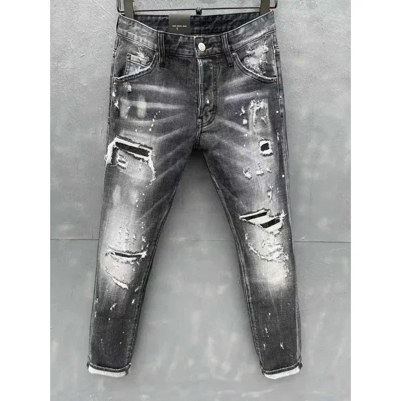 

Black 2024 Trend Dsq2 Fashion Style Vintage Jeans Men's Zipper Decoration Alphanumeric Pattern Slim ICON Pants 44-54