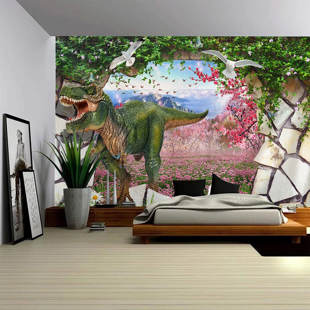 Brick Wall Dinosaur Landscape, Tapestry, Wall Art, Large Mural Decoration, Curtains, Home, Bedroom, Living Room Decoration