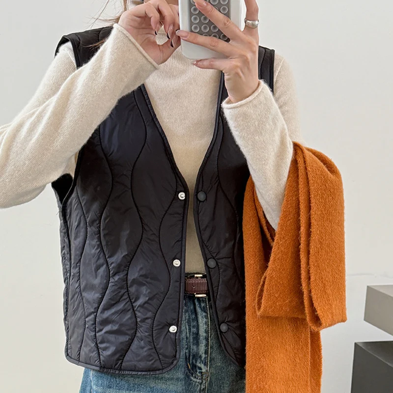 2025 가을 겨울 솔리드 컬러 V넥 파카 베스트 패션 싱글 브레스티드 슬리브리스 웨이스트코트 심플 따뜻한 출퇴근 재킷 여성