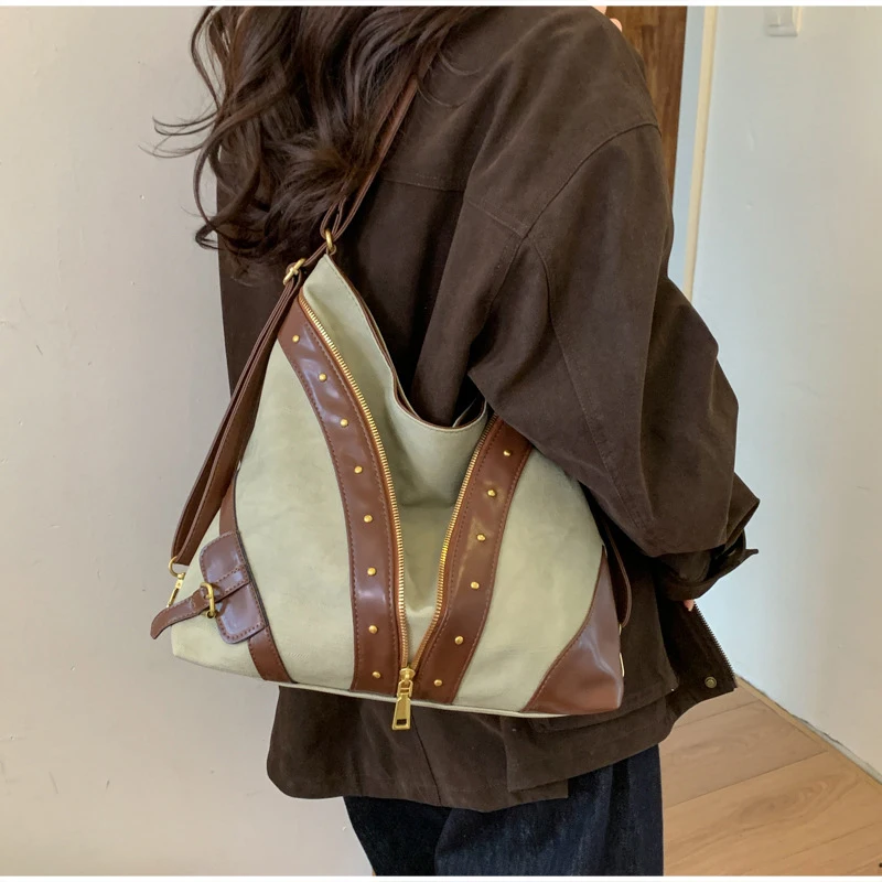 Vintage-Rucksack, Damen-Tragetasche, Retro-Spleiß-Hobo-Umhängetasche, lässige Alltags-Einkaufstasche mit Nieten-Dekor – Detail 23