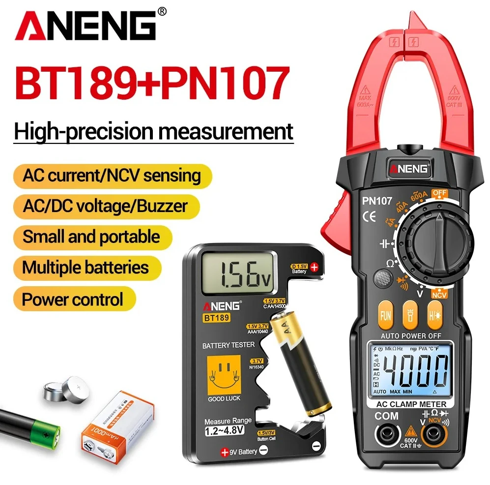 

ANENG PN107 Digital Clamp Meter Multimeter Tester 600A AC Current AC/DC Voltage+BT189 Battery Detector Electrician Tools Kit
