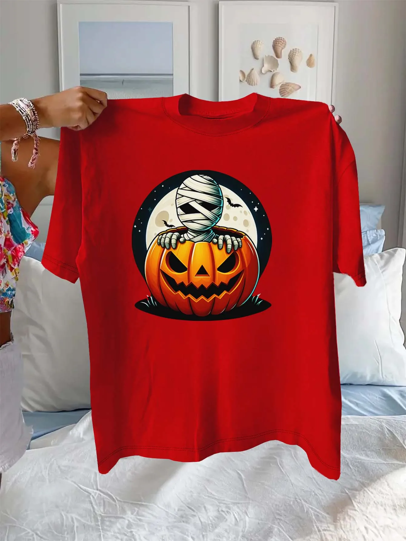 

Плюс размер Хэллоуин Мумия в тыкве Луна Летучая мышь Модный графический топ