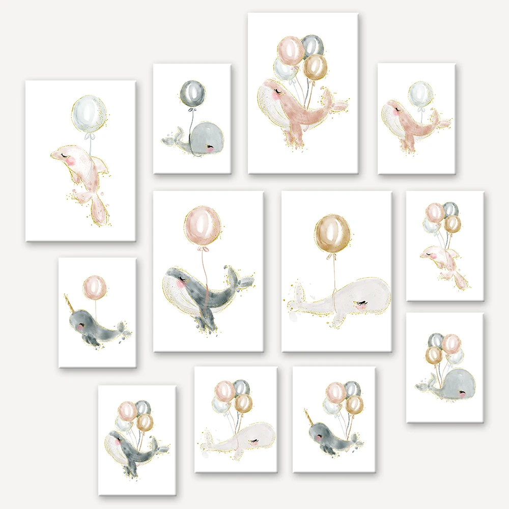 

Dolphin Balloon Nursery Decor Luxury Canvas Wall Art Poster Picture Decorative Prints Watercolor Painting for Modern Living Room