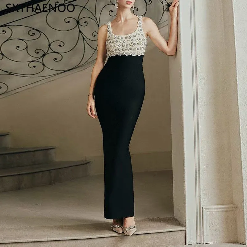 

SXTHAENOO Elegant Dress Slip Diamond Pearl Splice Back Split Hip Warp Women's Evening Party Dresses 2025 Winter New Fashion