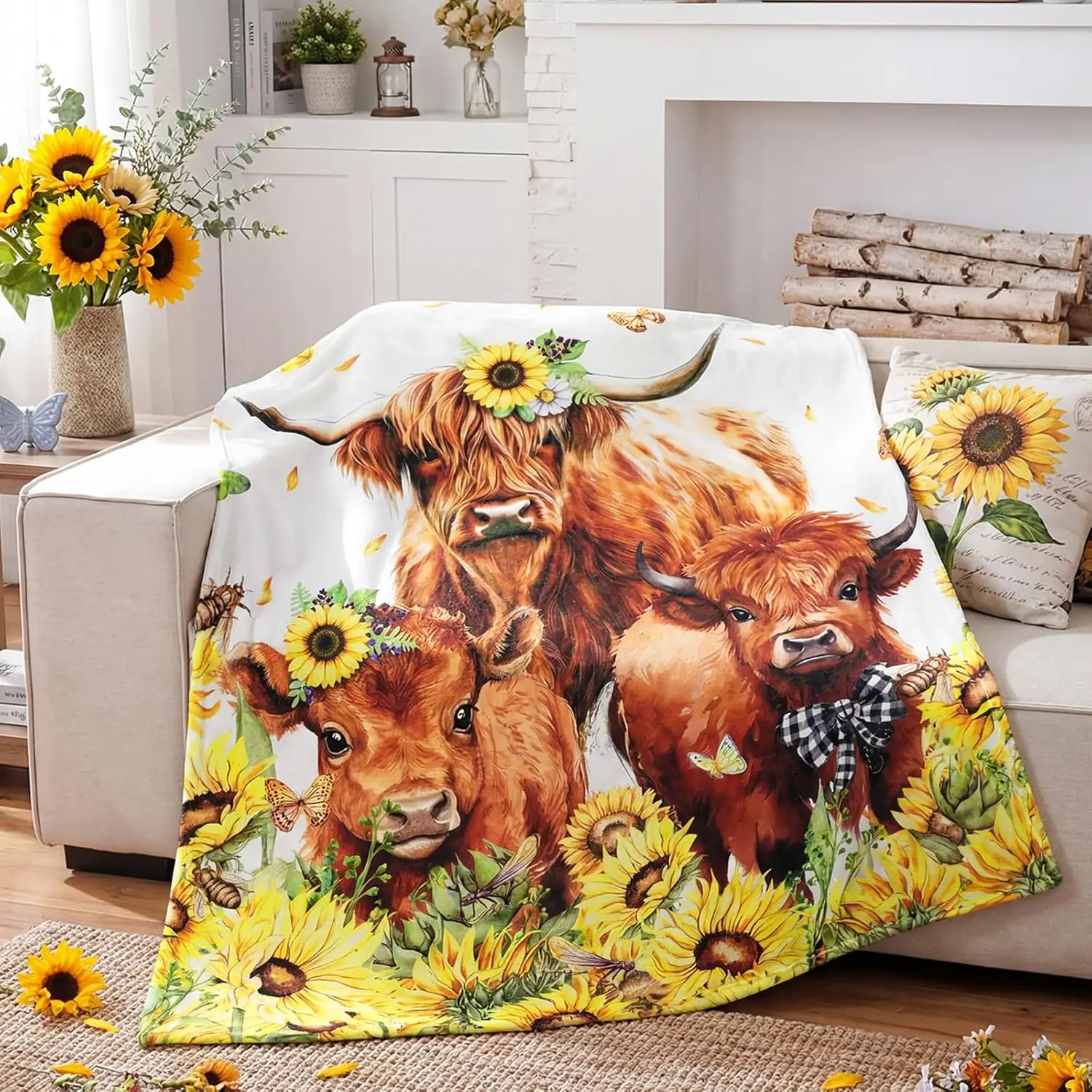 Flannel Throw Blanket Cow Sunflower Print Decorative Throw for Sofa Bed Couch Fall Autumn Home Decor Seasonal Picnic Blanket