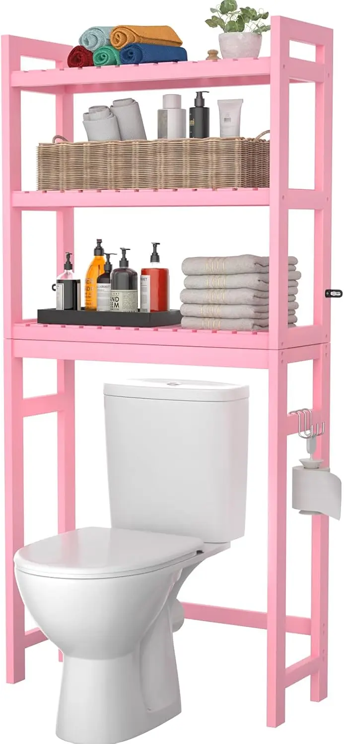 

Bamboo Over The Toilet Storage Shelves, 3-Tier Above Toilet Storage Organizer Rack with 3 Hooks, Freestanding Bathroom Tower
