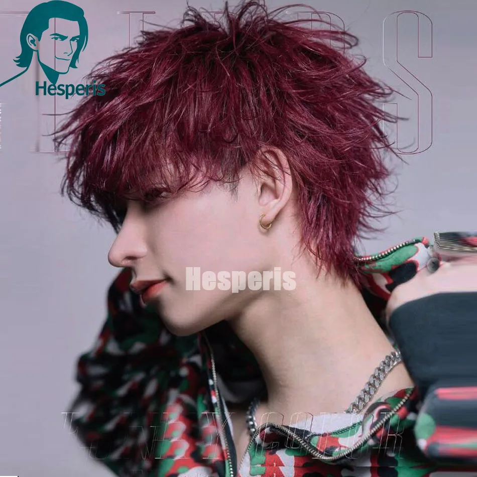

Hesperis Red Full Lace Human Hair Wig For Men Brazilian Remy 99J Full Lace Wig With Bangs Short Pixie Cut Male Wigs Fashion Boy