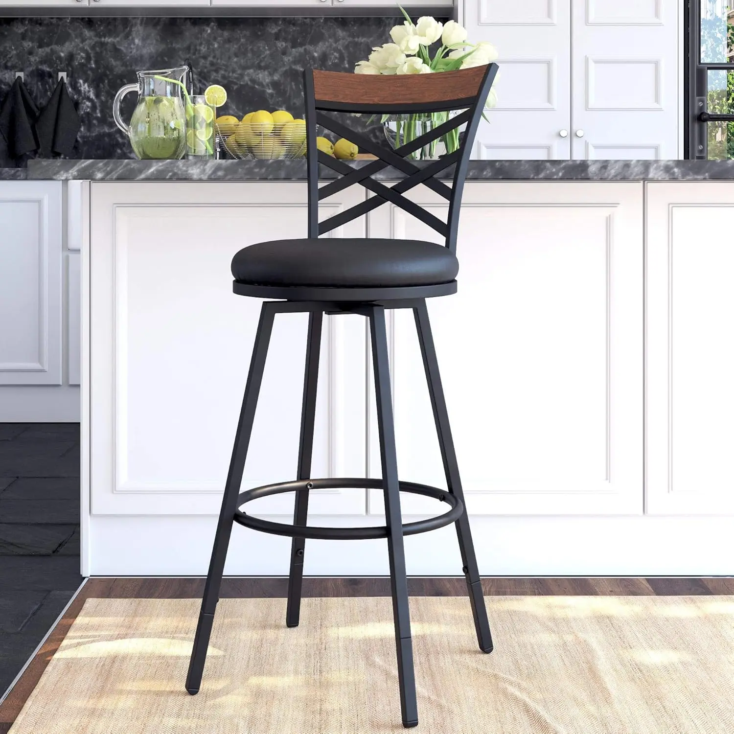 Upholstered Seat Swivel Black PU, Set of 3 BarstoolTall back bar stools with faux leather upholstered cushion seating to bring