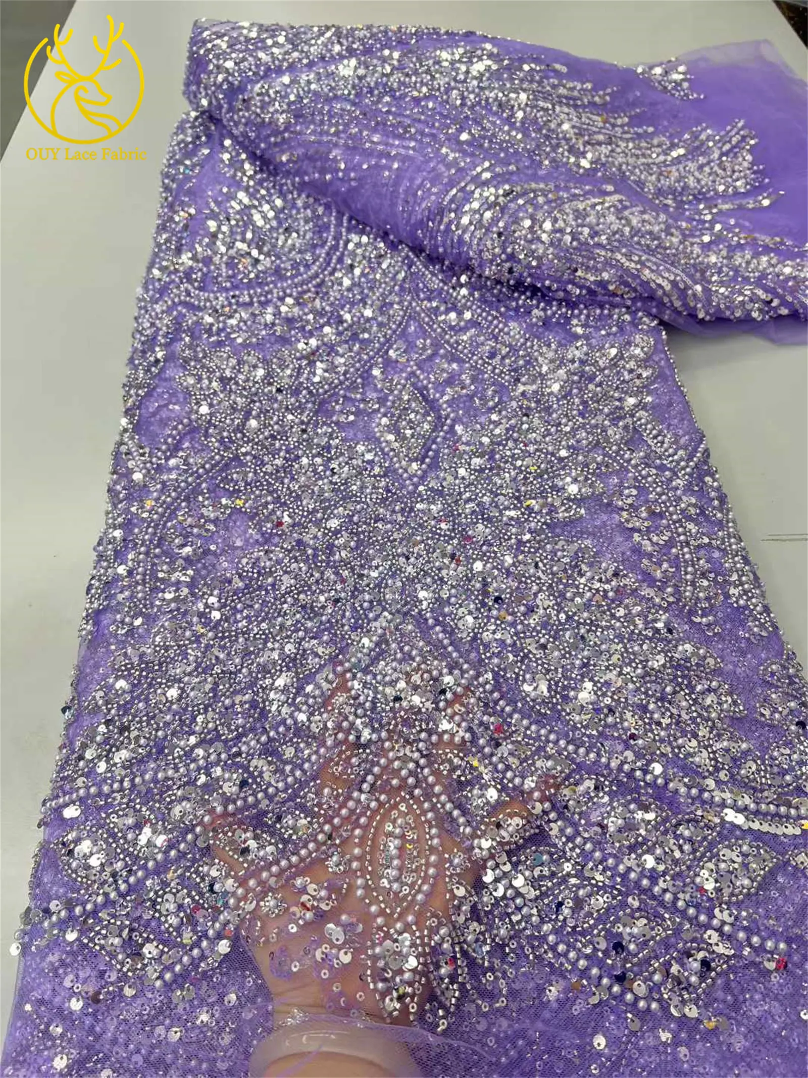 2026 Afrikanischer Spitzenstoff, hochwertiger Kaffeebrauner französischer Spitzenstoff mit Perlen und Pailletten, nigerianischer Braut-Mesh-Spitzenstoff, 5 Yards – Detail 11