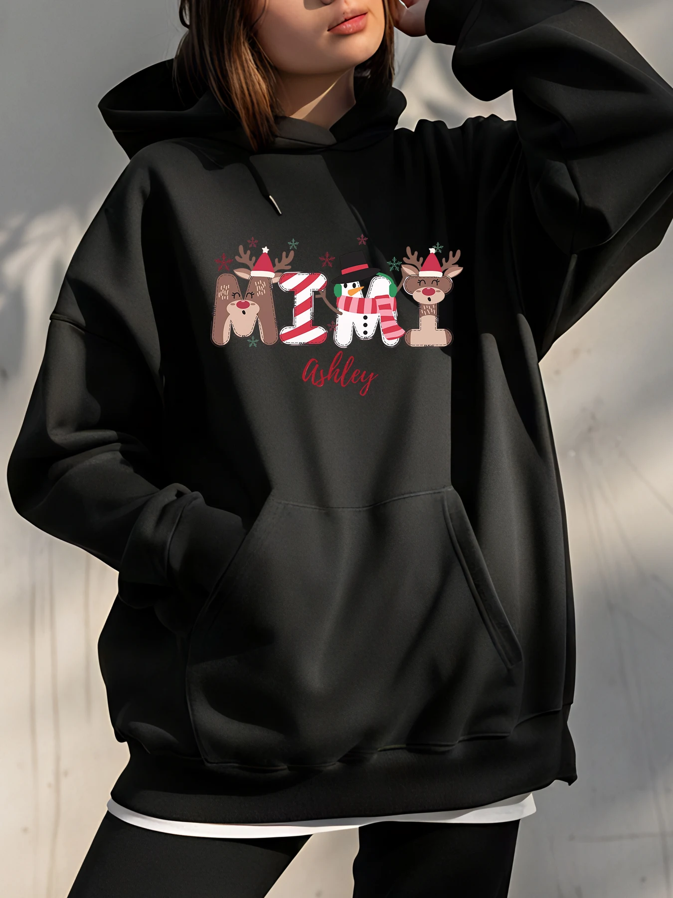 Рождественская толстовка с изображением оленей и снеговика с персонализированным именем для женщин, повседневная зимняя одежда