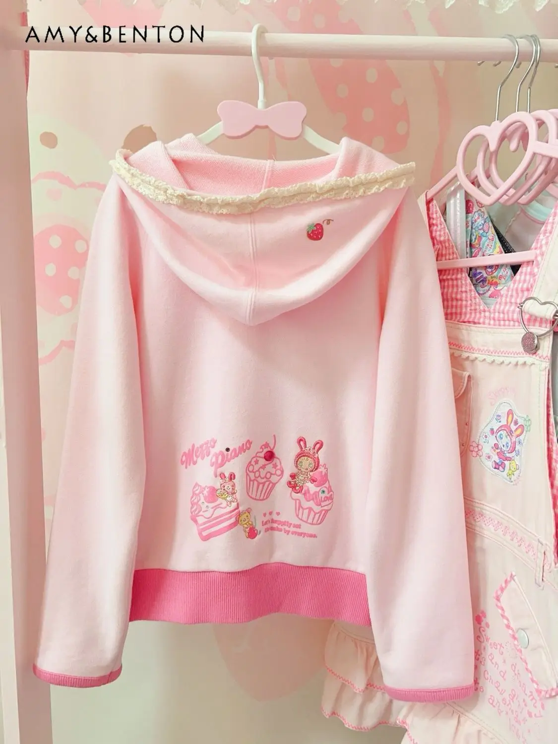 Printemps automne japonais doux mignon dessin animé imprimé veste à capuche pour les femmes Anime fille nœud poche Patchwork couleur veste courte ample