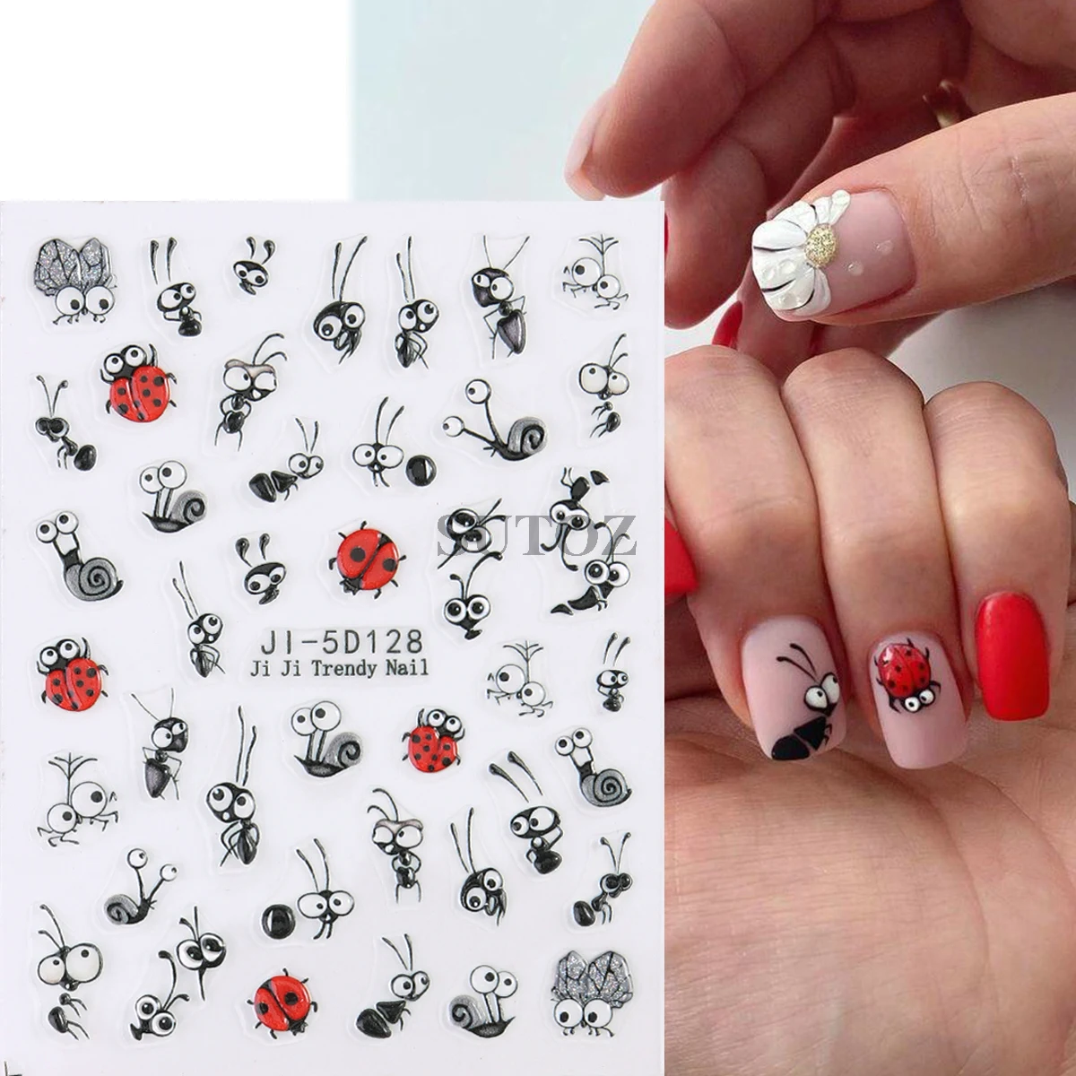 5D Ladybird Nail Stickers Cartoon Ants api lumache insetti decalcomanie per unghie Kawaii Charms Daisy Flowers Sliders per Manicure LEBJI-5D