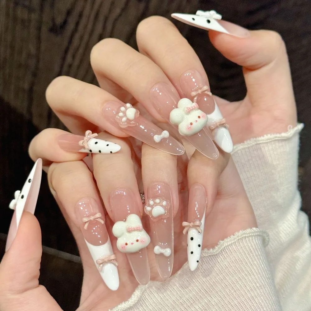 10 Pieces Sweet Girly Pink Gradient Handmade Press On Nails Pink Rabbit Sweetheart Cute Paw French Fake Nails Art Reusable