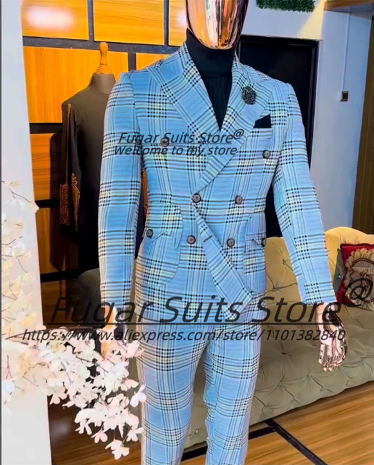 

Fashion Sky Blue Plaid Men Suits Male Customized Blazers Slim Fit Double Breasted Groom Wedding Tuxedos 2Pieces Sets Ropa Hombre