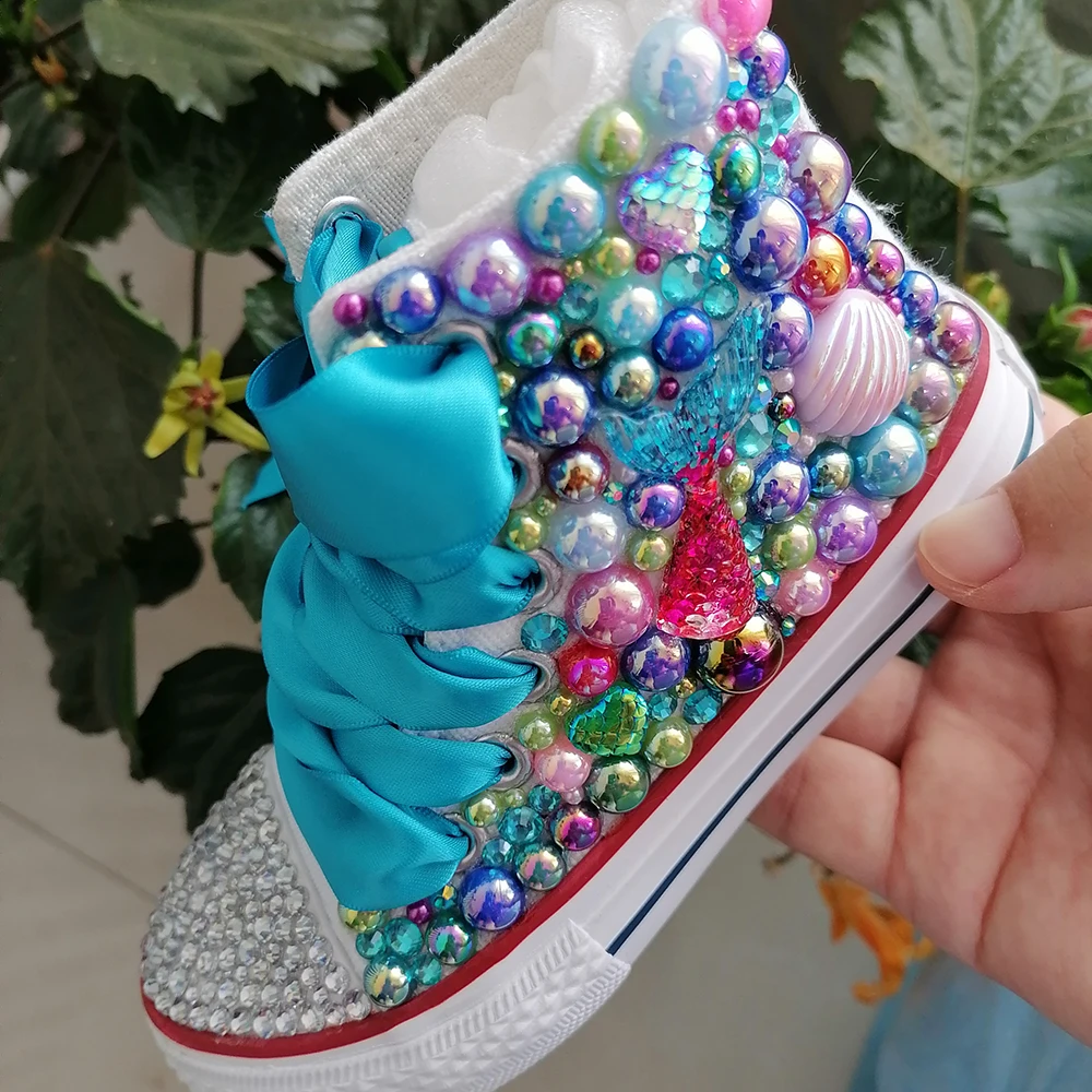 Handmade Rhinestones Bling Girls Womens Kids And Mother Candy Canvas Shoes Pearls Sneakers For Girl Birthday Party Wedding