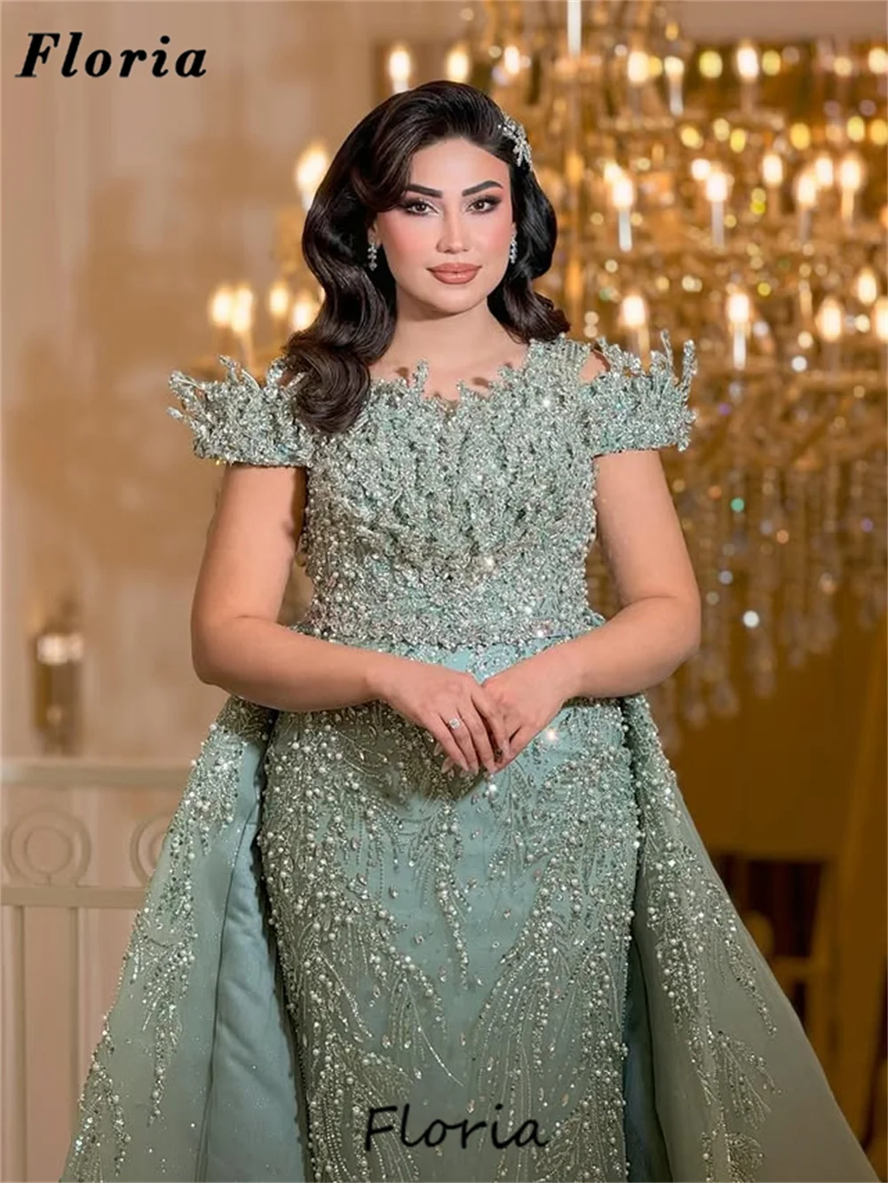 

African Sage Green Beading Evening Dresses With Overskirt Dubai Off Shoulder Cocktail Party Dress Wedding Guest Gowns Customized