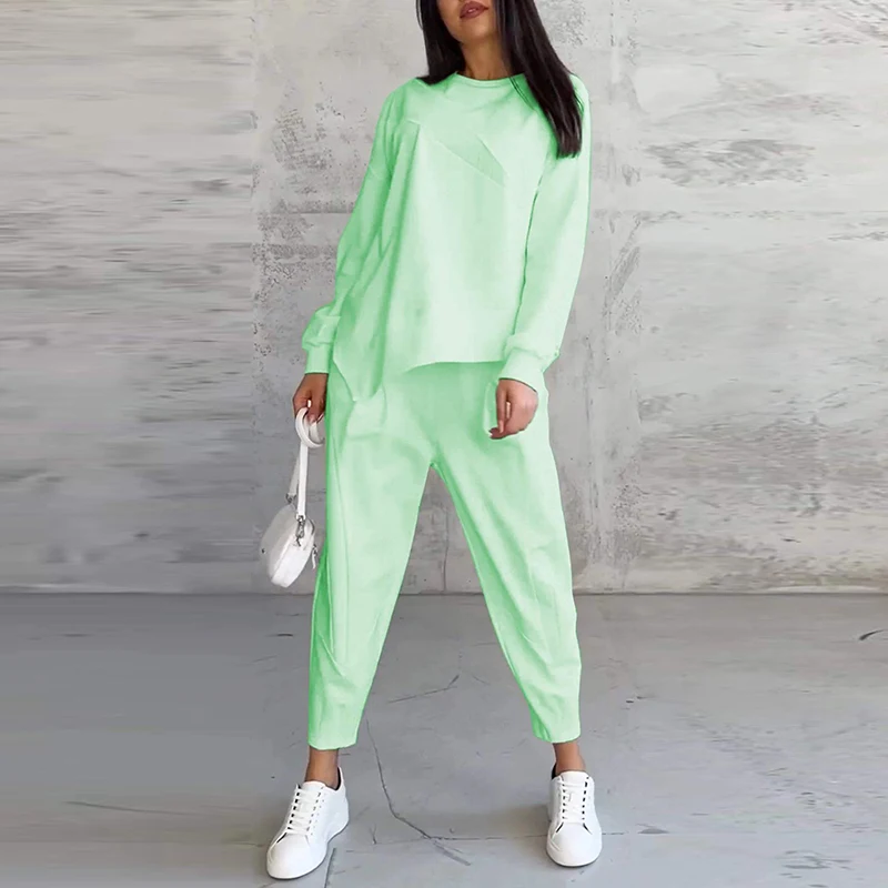 Autumn Long Sleeve Loose Leisure Suit Woman Fashion Round Neck Top Pullover & Long Pants Outfit Spring Solid Color Two Piece Set