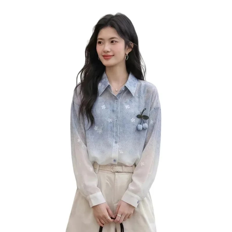 Women's Gradient Shirt Loose Chiffon Thin Long Sleeve Korean Style Blouse