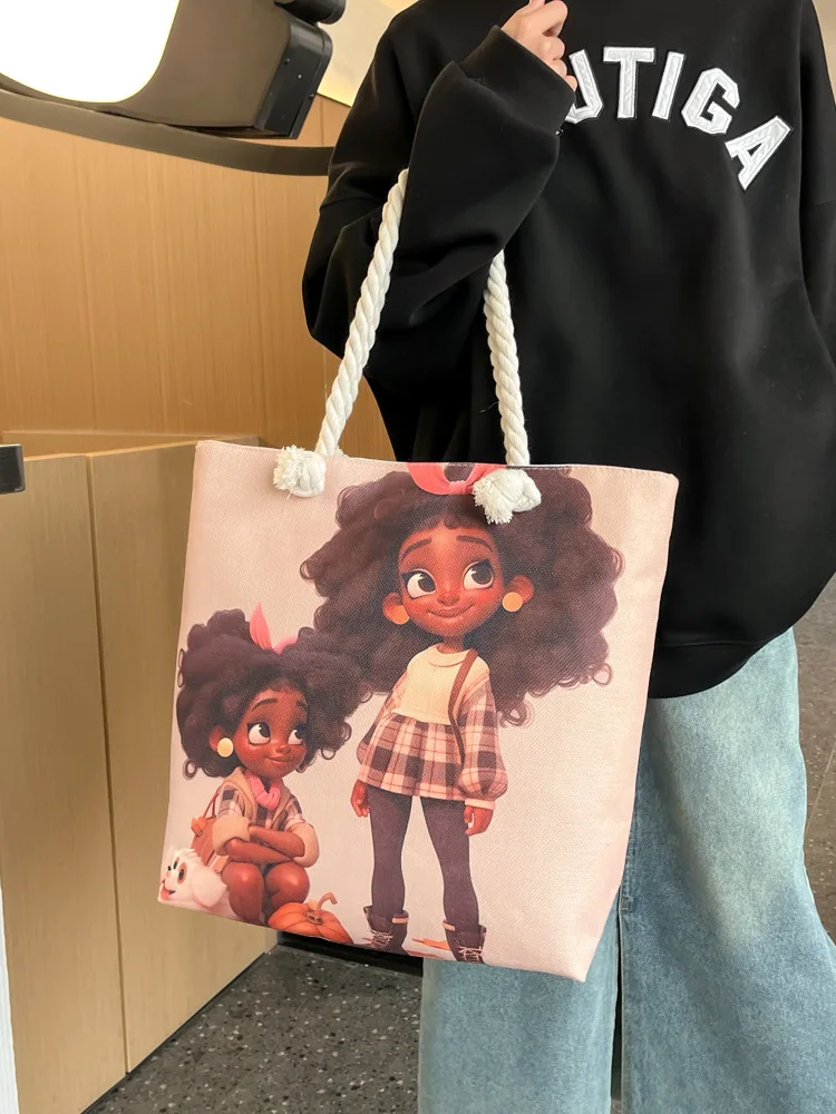 Women'S Printed Hand-Held Tote Bag, Lightweight And Thick Rope Shoulder Bag, Fashionable And Artistic Versatile Beach Bag