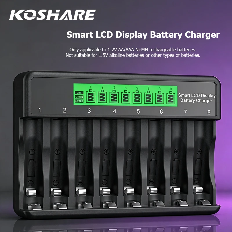 KOSHARE 8 Slots 1.2V Ni-MH Rechargeable Batteries AA/AAA Smart Battery Charger With LCD Display Independet Channel Fast Charging