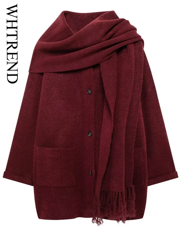 

WHTREND Women's Fashion Scarf Collar Single Breasted Warm Knitted Sweater Short Coat With Pockets Autumn Winter New WH1887