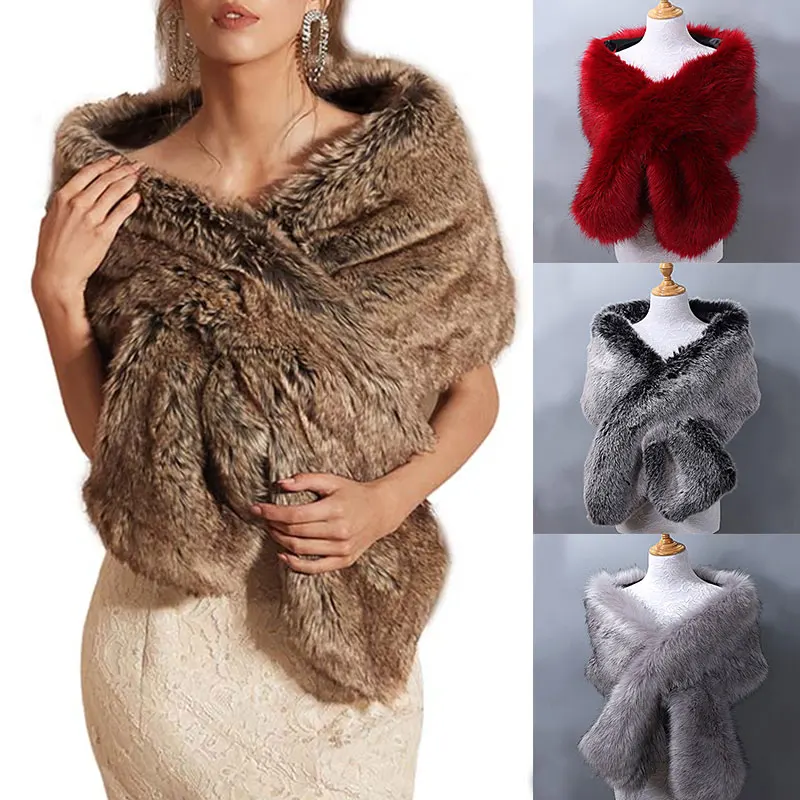 Fashion Women Warm Faux Fur Shawl Thicken Wraps Wedding Winter Long Stole Shrug Bridal Scarf Clothes Formal Party Shrug Fur Cape