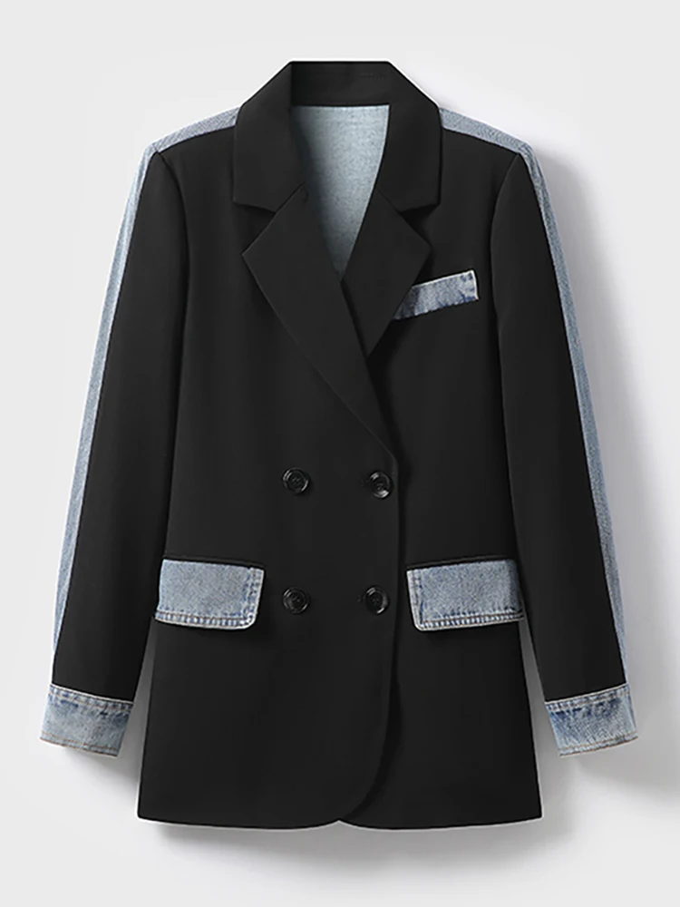 DEAT Women\'s Blazer Notched Collar Patchwork Denim Long Sleeve Khaki Long Sleeve Suit Coat 2024 Autumn New Fashion 29L1530