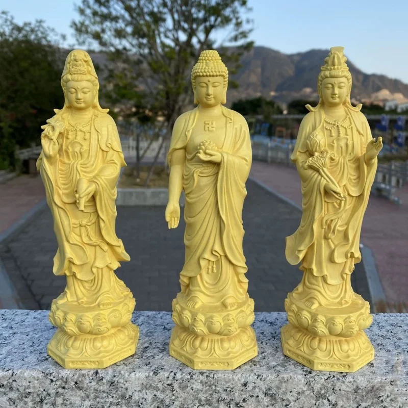 

Boxwood Craft Western Trinity Guanyin Great Potential to Amitabha Buddha Bodhisattva Worship Buddha Statue Home Decoration Ornam