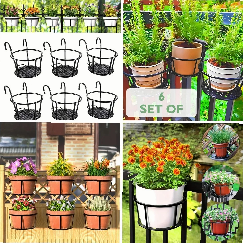 3pcs Iron Art Metal Railing Flower Pot Hanging Basket For Indoor Pot Holder Hanger 6 Pack Outdoor Plants Perfect For Porches And