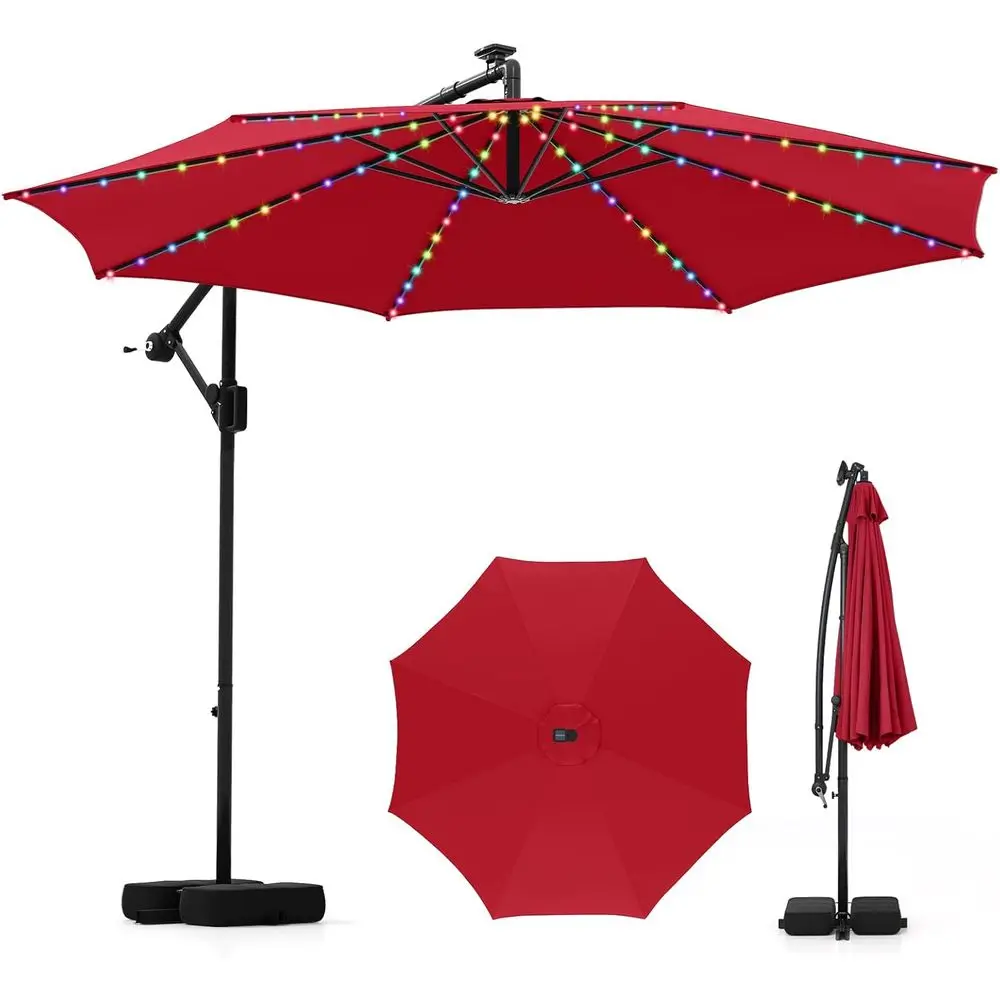 

10-Foot Cantilever Hanging Patio Umbrella with LED Lights, 9 Ribs, Adjustable, 360° Rotation, Crank for Outdoor Deck Lawn (Red)