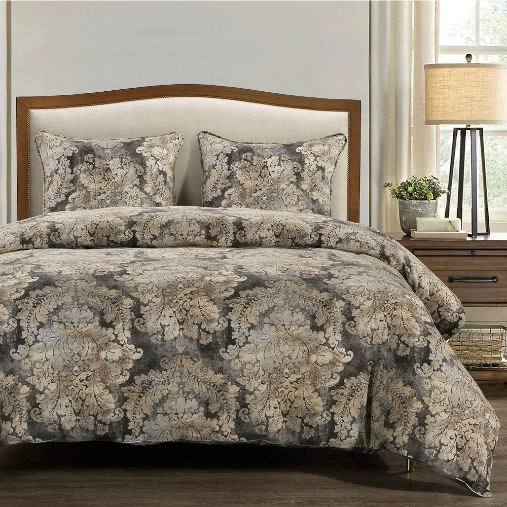 3 Piece Comforter Set with Pillow Shams, Super Queen Size, Smoky Damask Washed Linen Luxury Bedding Set