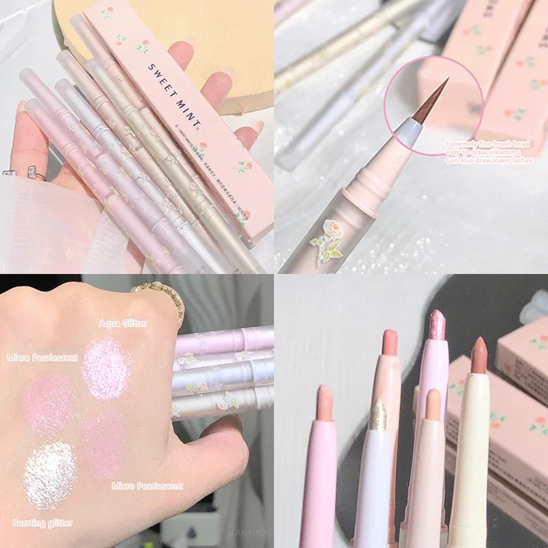 2In1 ماتي هيغليغتر الكذب دودة القز القلم المزدوج رئيس لمعان عالية السائل كحل الغراء السلس دائم التجفيف السريع كبير العين ماكياج #1